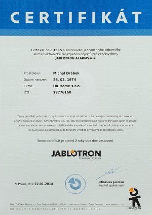 Certifikát o absolvování jednodenního odborného kurzu El. zabezpečení objektů pro experty firmy JABLOTRON ALARMS a.s. vystavený dne 22.1.2014 pro Michala Drábka