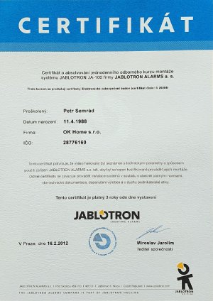 Certifikát o absolvování jednodenního odborného kurzu montáže systému JABLOTRON JA-100 firmy JABLOTRON ALARMS a.s. vystavený dne 16.2.2012 pro Petra Semráda