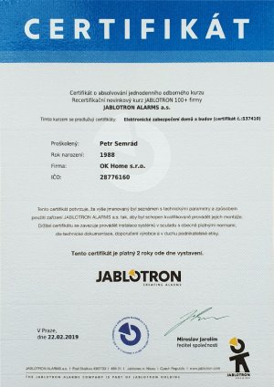 Certifikát o absolvování jednodenního odborného recertifikačního kurzu JABLOTRON 100+ firmy JABLOTRON ALARMS a.s. vystavený dne 22.2.2019 pro Petra Semráda
